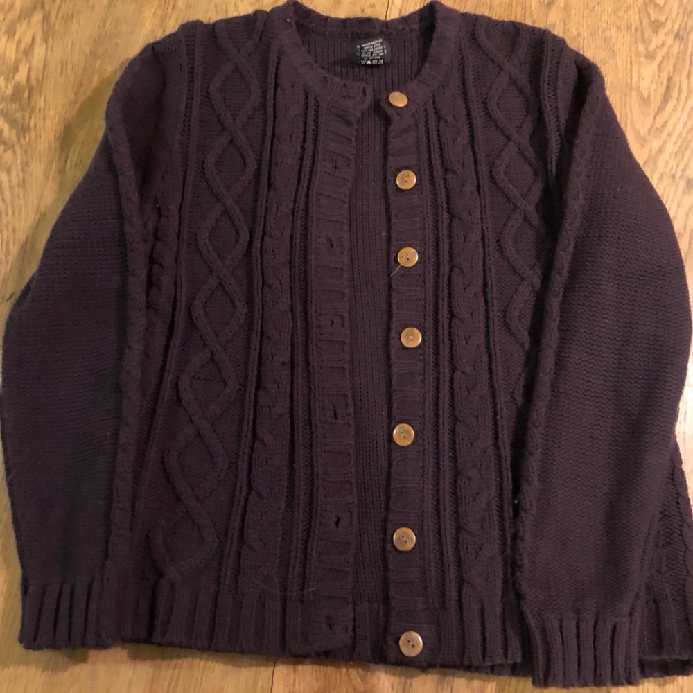 Purple button up cable knit cardigan.